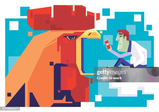 rooster crowing while nerd using smartphone - nerd portrait stock illustrations