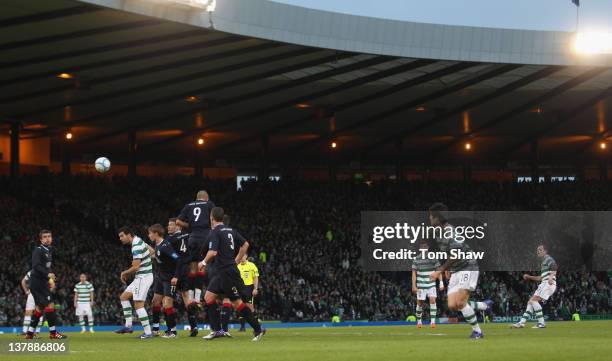 Anthony Stokes of Celtic scores the second goal during the Scottish Communities Cup Semi Final match between Falkirk and Celtic at Hampden Park on...