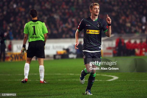 Marco Reus of Moenchengladbach celebrates his team's second goal during the Bundesliga match between VfB Stuttgart and Borussia Moenchengladbach at...