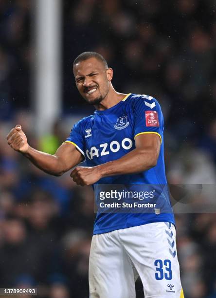 Salomon Rondon of Everton celebrates after scoring the first goal during the Emirates FA Cup Fifth Round match between Everton and Boreham Wood at...