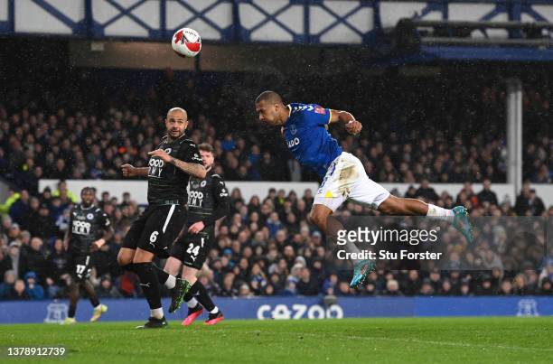 Salomon Rondon of Everton heads at goal during the Emirates FA Cup Fifth Round match between Everton and Boreham Wood at Goodison Park on March 03,...