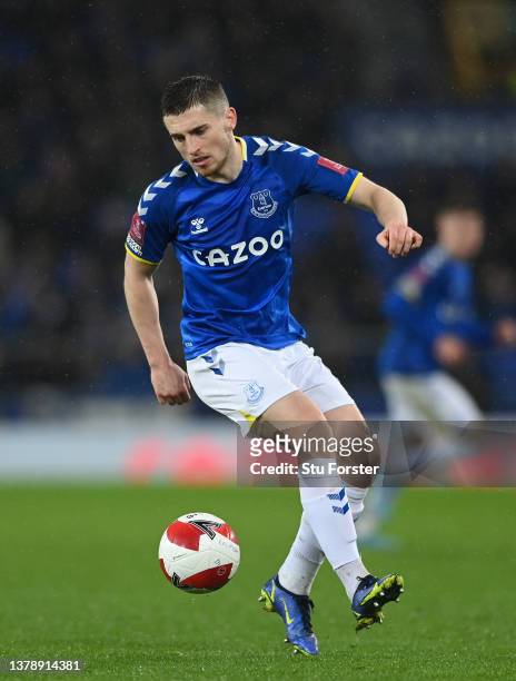 Jonjoe Kenny of Everton in action during the Emirates FA Cup Fifth Round match between Everton and Boreham Wood at Goodison Park on March 03, 2022 in...