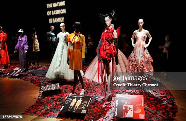 Creations by designer Alber Elbaz are displayed during "Love Brings Love. The Alber Elbaz Tribute Show" exhibition as part of Paris fashion week on...