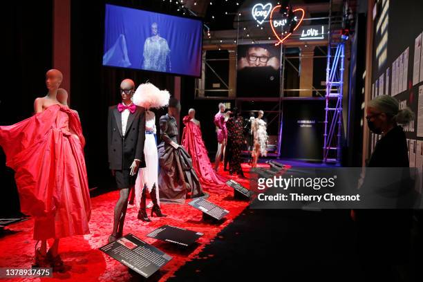 Creations by designer Alber Elbaz are displayed during "Love Brings Love. The Alber Elbaz Tribute Show" exhibition as part of Paris fashion week on...