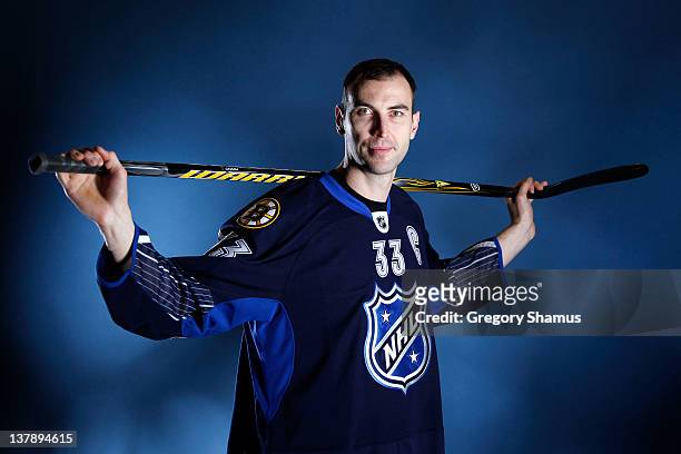 Zdeno Chara of the Boston Bruins and Team Chara poses prior to the 2012 NHL All-Star Game at Scotiabank Place on January 29, 2012 in Ottawa, Ontario,...