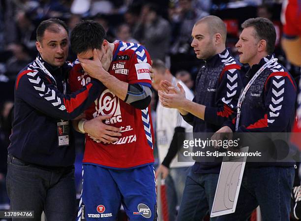 Nenad Vuckovic looks dejected after Serbia lost the match during the Men's European Handball Championship 2012 final match between Serbia and Denmark...