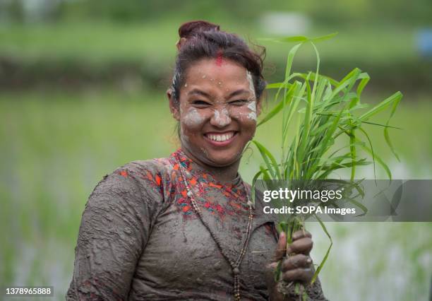 Woman covered in mud smiles during the National Paddy Day celebration. Nepalese people celebrate National Paddy Day by planting paddy, playing in the...