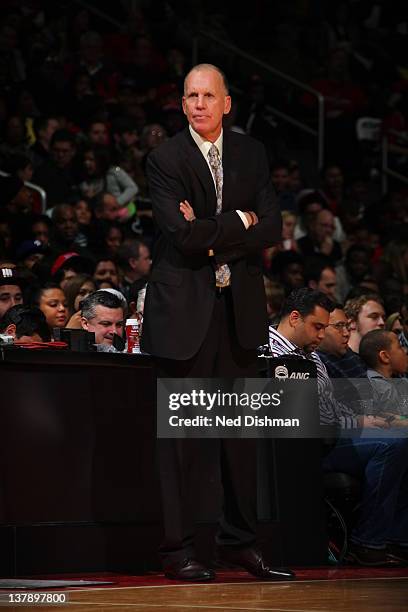 Coach of the Philadelphia 76ers Doug Collins looks on during the game against the Washington Wizards at the Verizon Center on January 14, 2012 in...