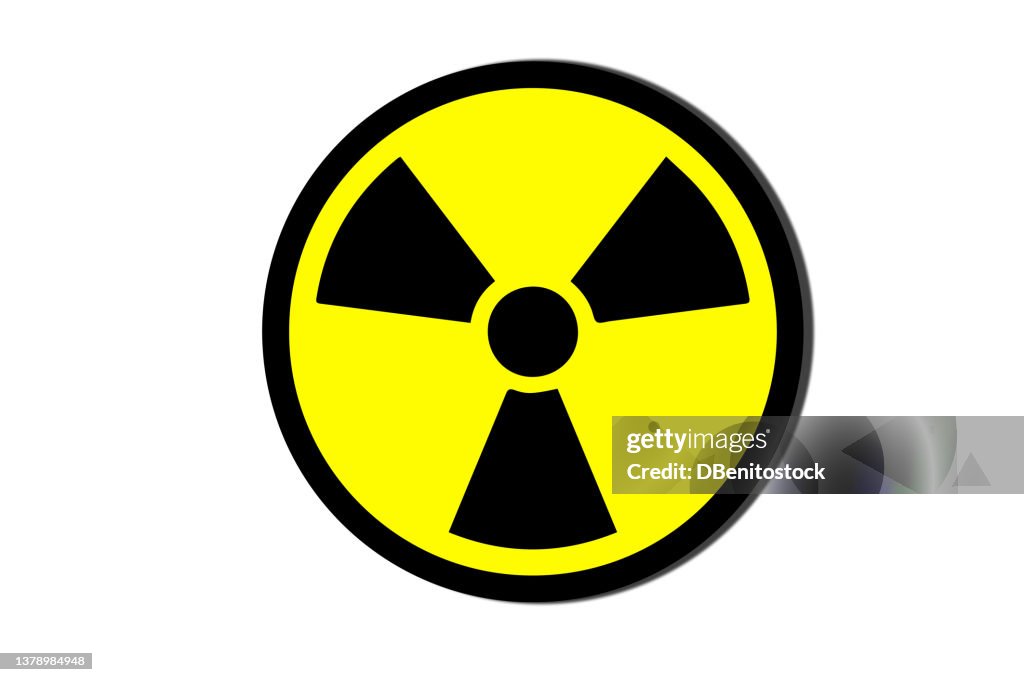 Nuclear power symbol with hard shadow on white background. Concept of nuclear, energy, supply, disaster, fight, confrontation, chemical weapon, danger and chernobyl.