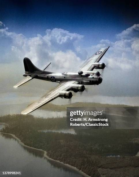 1940s Us Army Aircraft World War Ii B-17 Bomber In Flight.