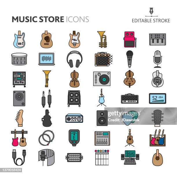 illustrations, cliparts, dessins animés et icônes de instruments de magasin de musique et équipement grande ligne mince icône définie sur fond blanc - trait modifiable - guitare electrique