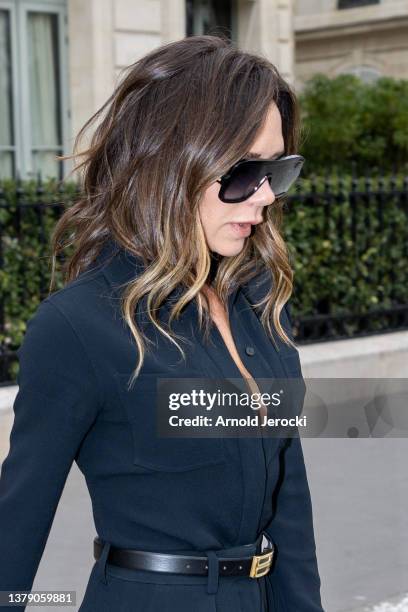 Victoria Beckham is seen leaving the hotel during the Fashion Week on March 04, 2022 in Paris, France.