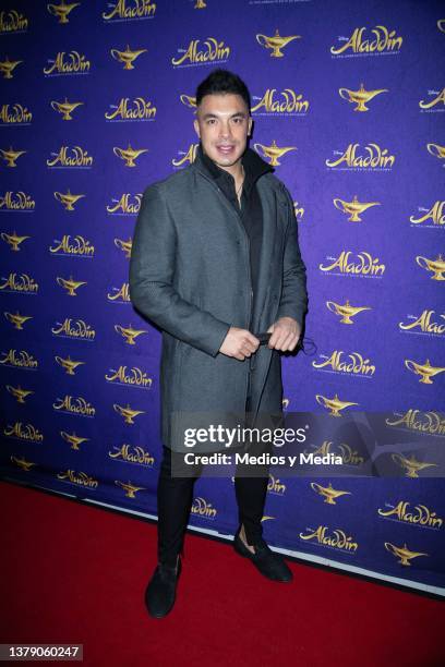 Jawy Méndez poses for photo during a red carpet of first 100 performs of Aladín play, at Teatro Telcel on March 3, 2022 in Mexico City, Mexico.