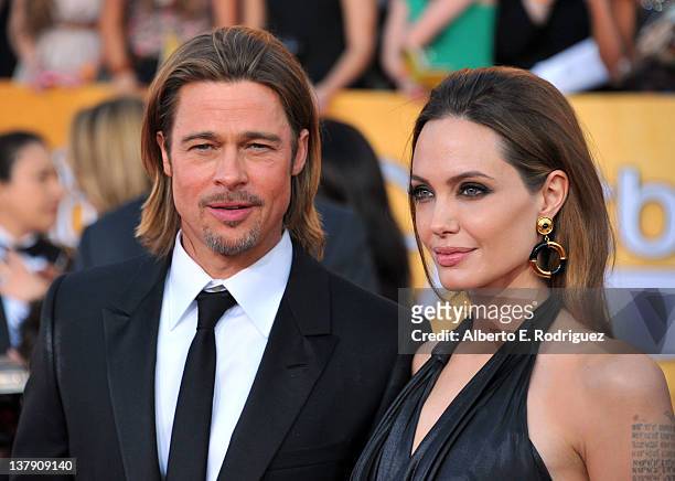 Actors Brad Pitt and Angelina Jolie arrive at the 18th Annual Screen Actors Guild Awards at The Shrine Auditorium on January 29, 2012 in Los Angeles,...