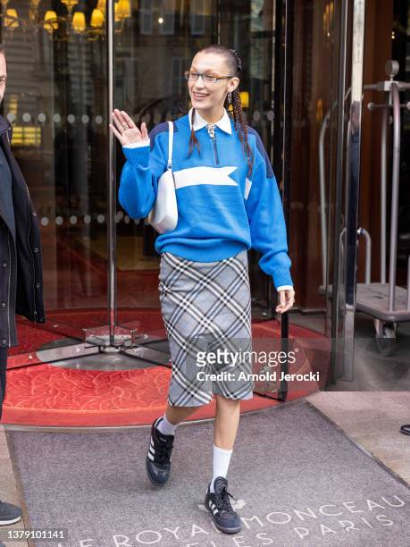 Bella Hadid is seen leaving the hotel during the Fashion Week on March 04, 2022 in Paris, France.