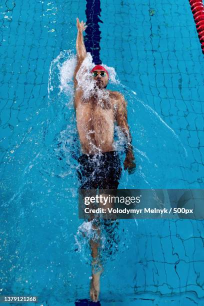 young professional male swimmer in red cap and goggles practicing and - backstroke fotografías e imágenes de stock