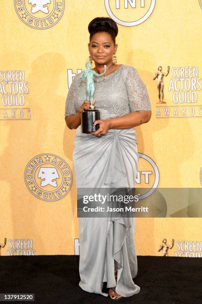Actress Octavia Spencer poses in the press room during the 18th Annual Screen Actors Guild Awards at The Shrine Auditorium on January 29, 2012 in Los...