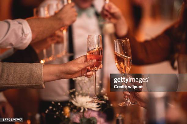 groupe de personnes toast de célébration encourage la flûte de champagne avec des guirlandes lumineuses - party host stock photos et images de collection