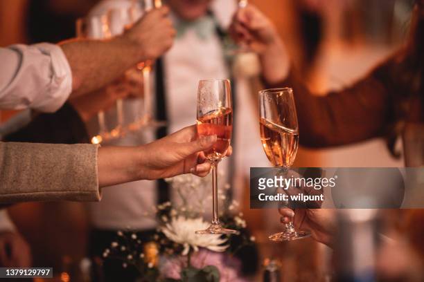 group of people celebratory toast cheers champagne flute with string fairy lights - emcee bildbanksfoton och bilder