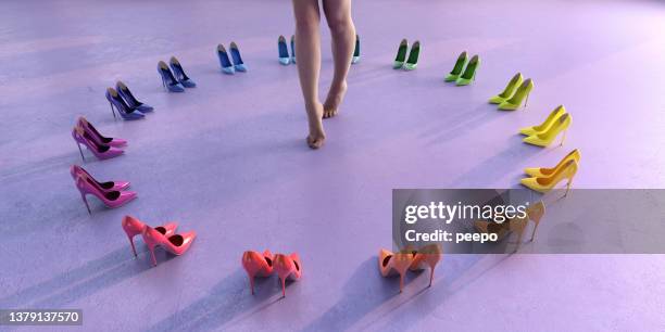 woman standing on tip toes surrounded by circle of rainbow coloured high heels - paarse schoen stockfoto's en -beelden
