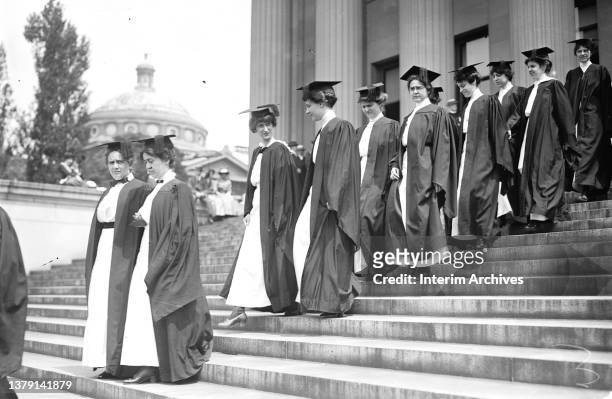 Group portrait of Barnard College women students on the steps of the Law Library during Commencement Day at Columbia University, New York, June 3,...
