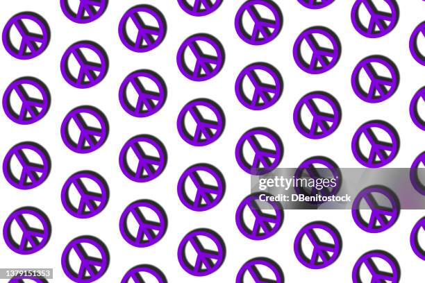 peace symbols pattern with purple hard shadow on white background. concept of peace, serenity, friendship, women's day, women's rights and human rights. - cnd sign stock pictures, royalty-free photos & images