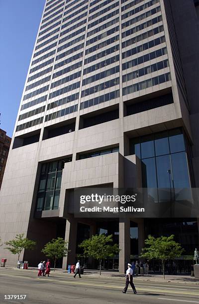 Columbus Police Officer walks past the Rhodes Tower September 11, 2002 in downtown Columbus, Ohio. About 4,000 employees were evacuated from the...