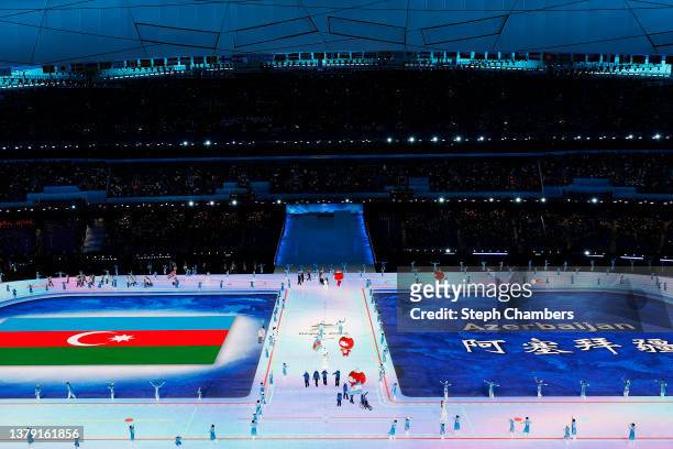 Members of Team Azerbaijan are introduced during the Opening Ceremony of the Beijing 2022 Winter Paralympics at the Beijing National Stadium on March...