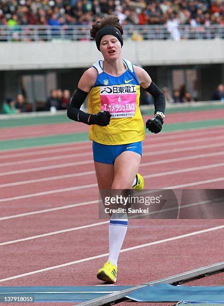 Tetiana Gamera-Shmyrko of Ukraine finishes second during the 31st Osaka International Women's Marathon at Nagai Stadium on January 29, 2012 in Osaka,...