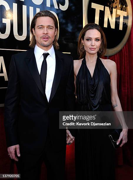 Actors Brad Pitt, Angelina Jolie arrive at the 18th Annual Screen Actors Guild Awards at The Shrine Auditorium on January 29, 2012 in Los Angeles,...