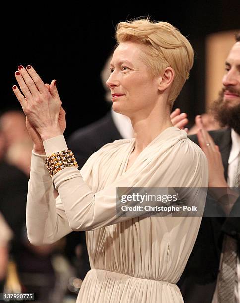 Actress Tilda Swinton attends The 18th Annual Screen Actors Guild Awards broadcast on TNT/TBS at The Shrine Auditorium on January 29, 2012 in Los...