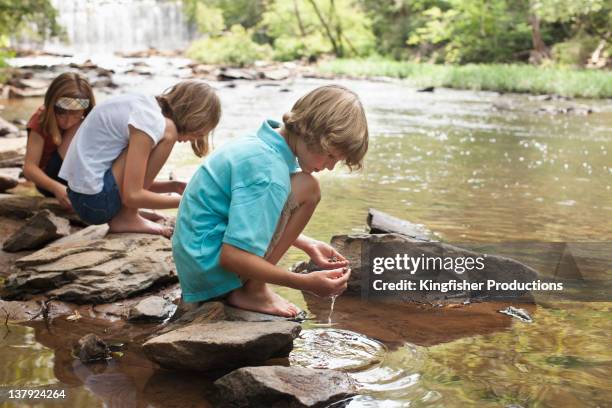 caucasian children squatting near stream - kingfisher river stock pictures, royalty-free photos & images