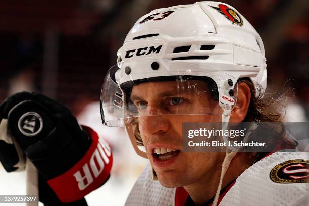 Tyler Ennis of the Ottawa Senators on the ice during warm-ups prior to the start of the game against the Florida Panthers at the FLA Live Arena on...