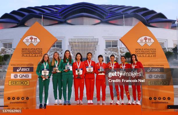 Silver Medalists Australia, Gold Medalists China and Bronze Medalists, Spain pose for photo during medal ceremony of Women’s U20 Race Walk Team...