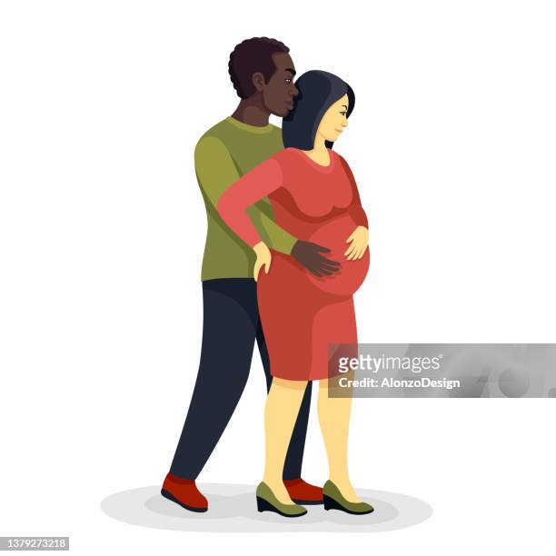 mixed race couple expecting baby. pregnancy  concept. - family with young adults diversity stock illustrations