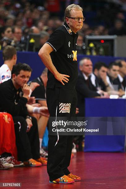 Head coach Ulrik Wilbek of Denmark looks on during the Men's European Handball Championship final match between Serbia and Denmark at Beogradska...