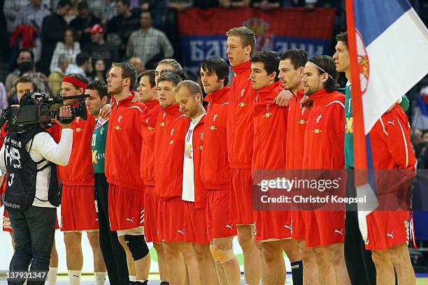 The team of Denmark hears the national anthem prior to the Men's European Handball Championship final match between Serbia and Denmark at Beogradska...