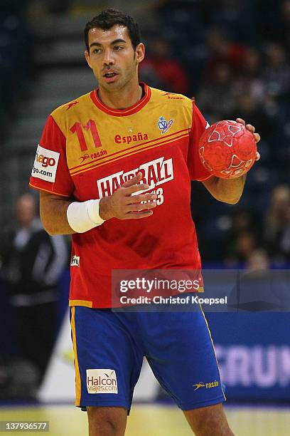 Daniel Sarmiento of Spain passes the ball during the Men's European Handball Championship bronze medal match between Croatia and Spain at Beogradska...