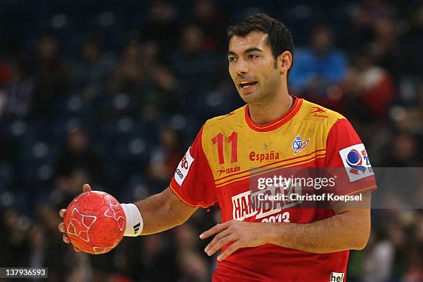 Daniel Sarmiento of Spain passes the ball during the Men's European Handball Championship bronze medal match between Croatia and Spain at Beogradska...