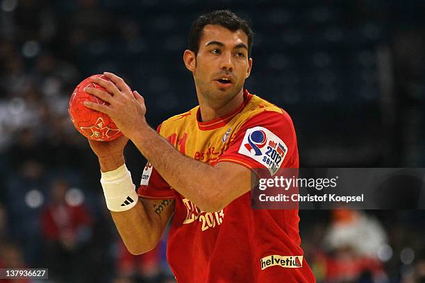 Daniel Sarmiento of Spain passes the ball during the Men's European Handball Championship bronze medal match between Croatia and Spain at Beogradska...