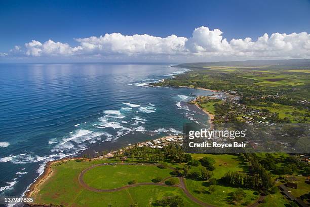 aerial of waialua bay and haleiwa, oahu - haleiwa stock-fotos und bilder