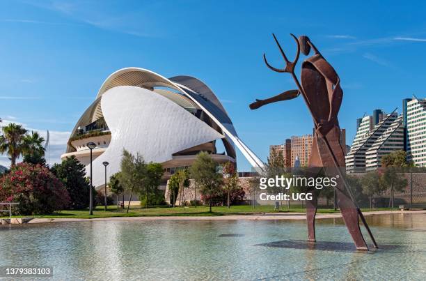 Neptune Sculpture and Palace of the Arts, City of Arts and Sciences, Valencia, Spain.