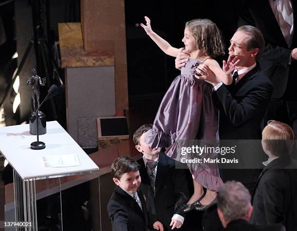 Actors Lucy Gallina and Steve Buscemi onstage during The 18th Annual Screen Actors Guild Awards broadcast on TNT/TBS at The Shrine Auditorium on...