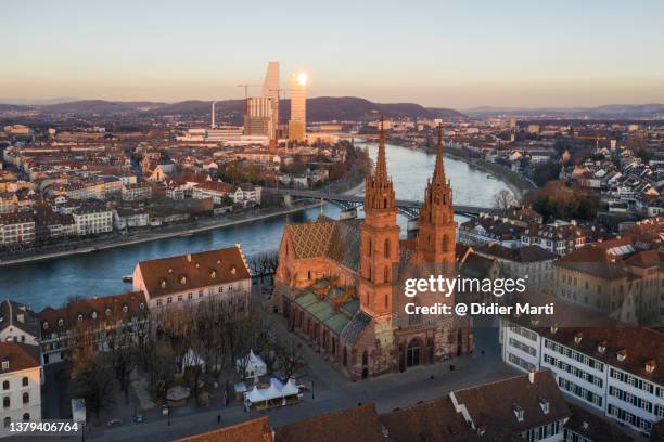 aerial view of the basel medieval old town in switzerland - zwitserland stockfoto's en -beelden