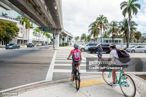 Miami, Florida, Biscayne Boulevard intersection pedestrian and bicyclists crossing.