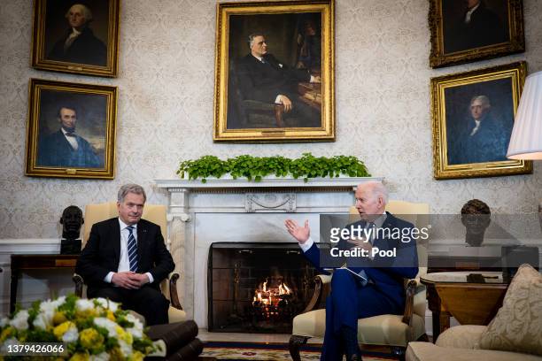 President Joe Biden meets with Finnish President Sauli Niinistö in the Oval Office of the White House March 4, 2022 in Washington, DC. Biden and...