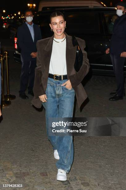 Hailey Bieber is seen arriving at Le Crillon Hotel on March 04, 2022 in Paris, France.