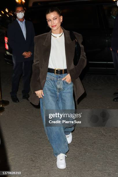 Hailey Bieber is seen arriving at Le Crillon Hotel on March 04, 2022 in Paris, France.