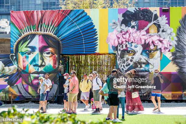 Miami, Florida, Wynwood Walls, Tourists looking at various murals.