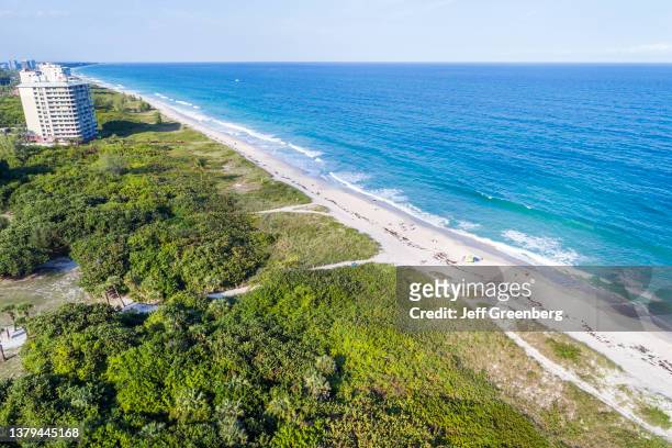 Fort Pierce, Florida, aerial view of North Hutchinson Island, Pepper Park and the Atlantic Ocean looking North.